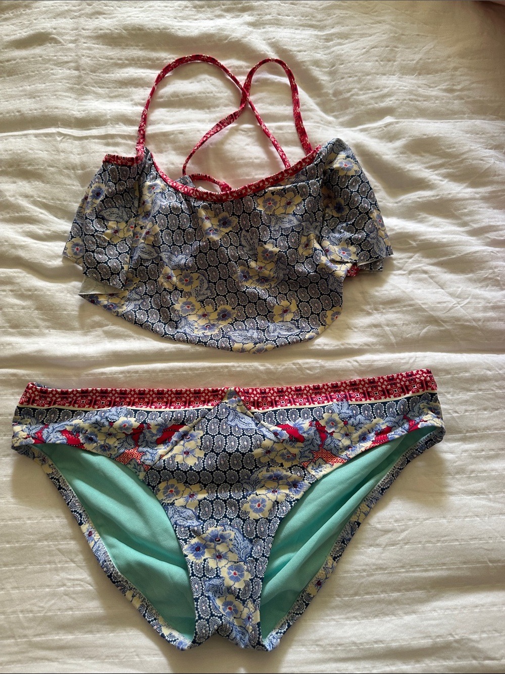 Floral Print Ruffle Bikini Set - Blue & Red